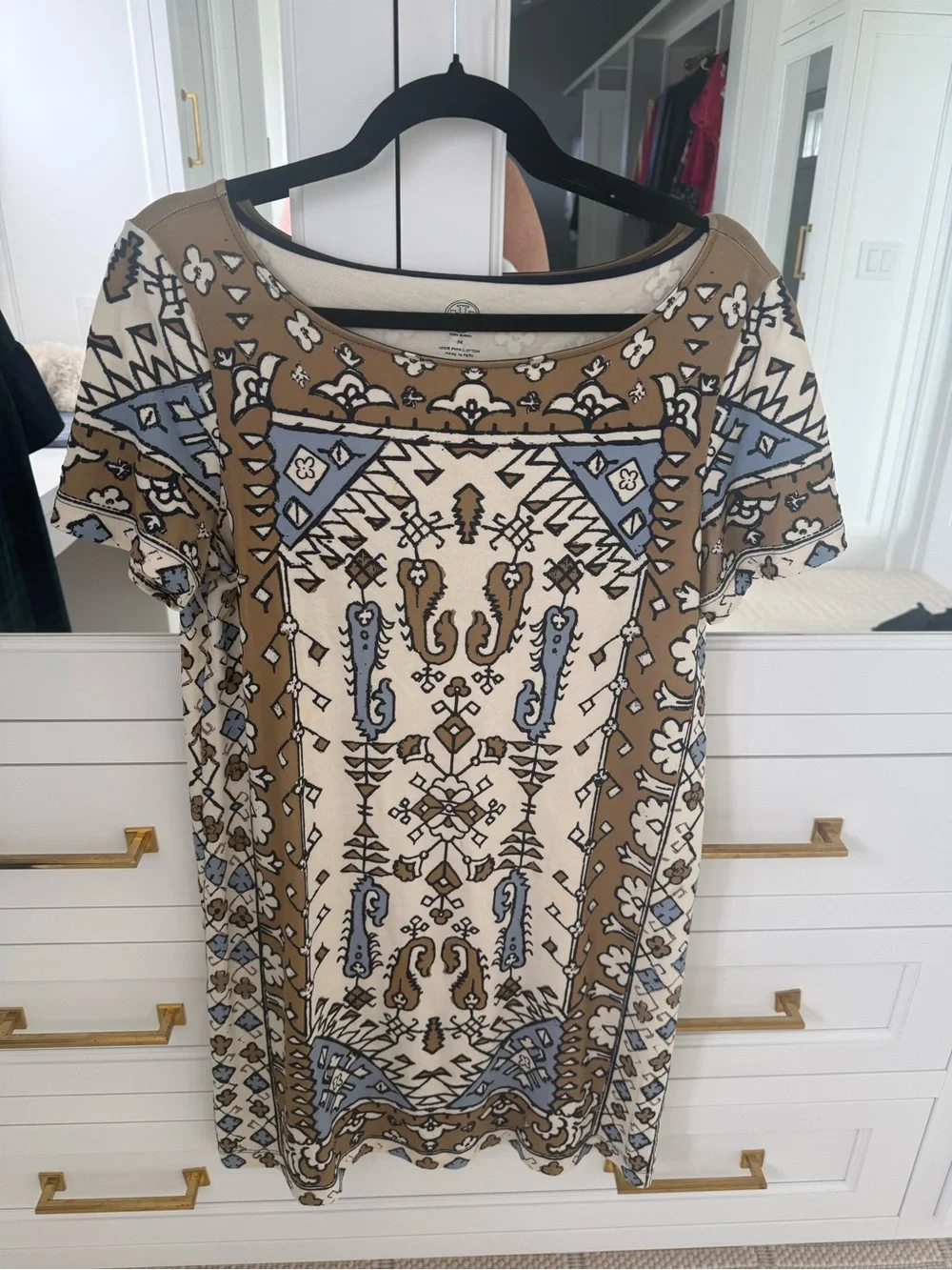 Tory Burch Cream, Tan & Light Blue Printed Short Sleeve Shift Dress